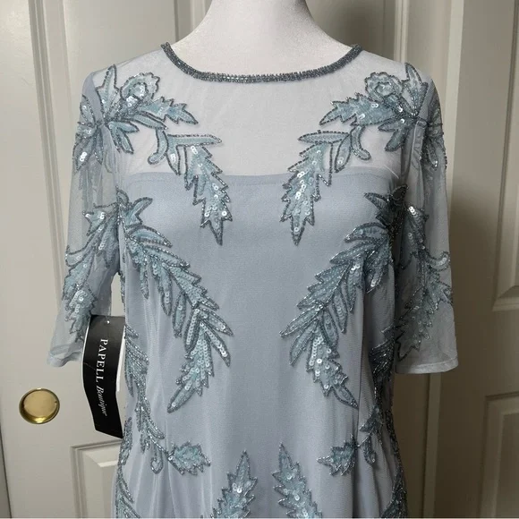 NWT Adrianna Papell Boutique Glacier Pale Blue Beaded Illusion Cocktail Gown 12 - Picture 3 of 16
